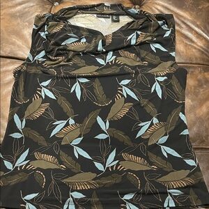 Tahari Black Blouse with Blue and Brown Leaf Pattern